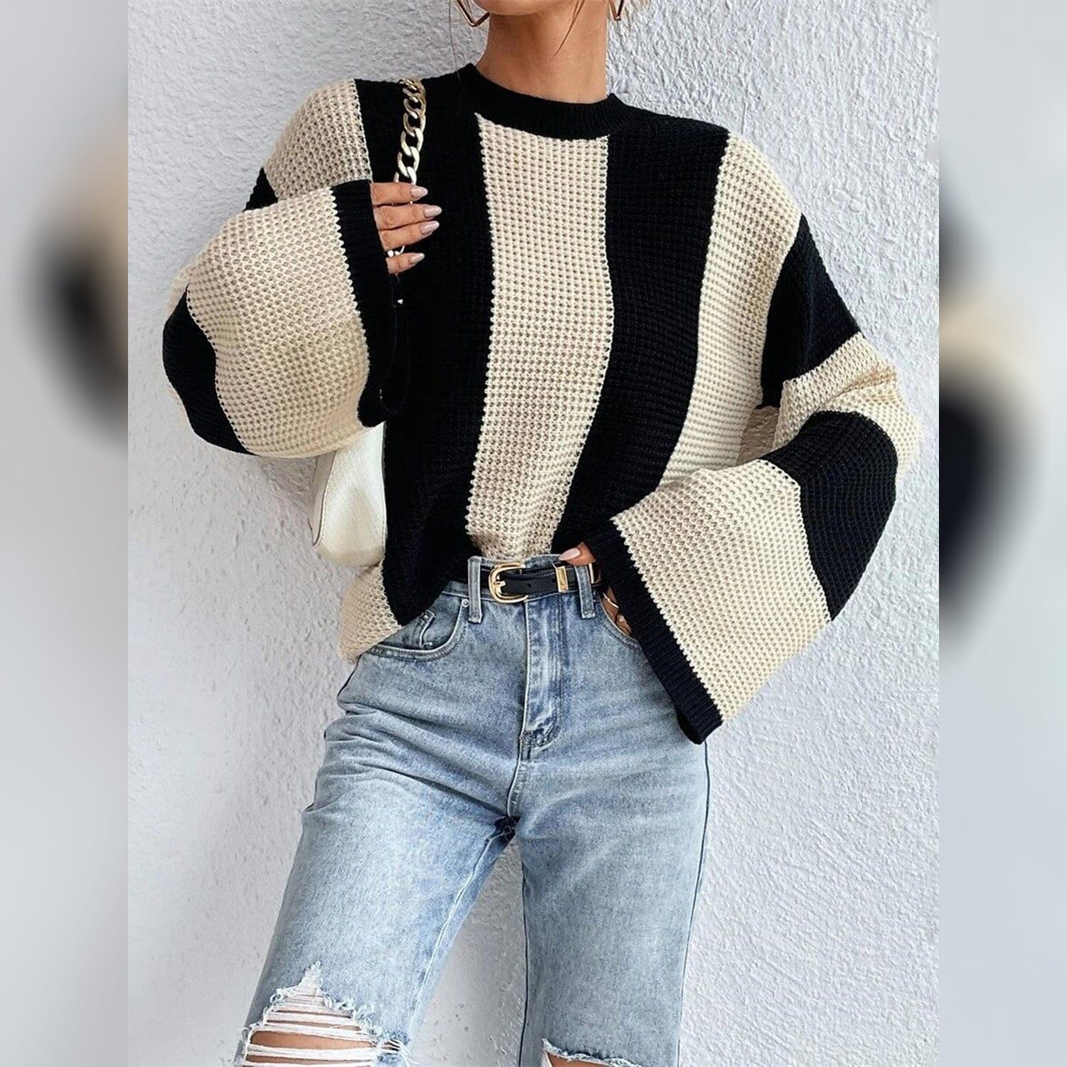 Women's Pullover Ribbed Knit Patchwork Striped Sweater